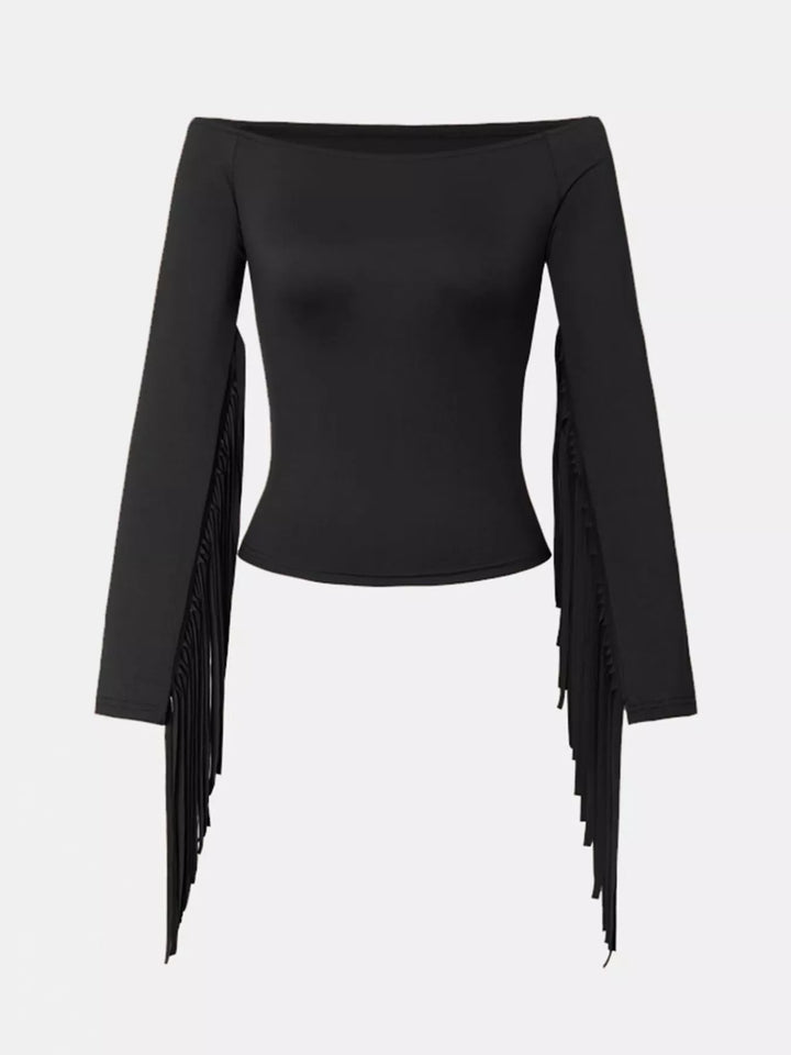Off-shoulder fringe-sleeve fitted long sleeve top