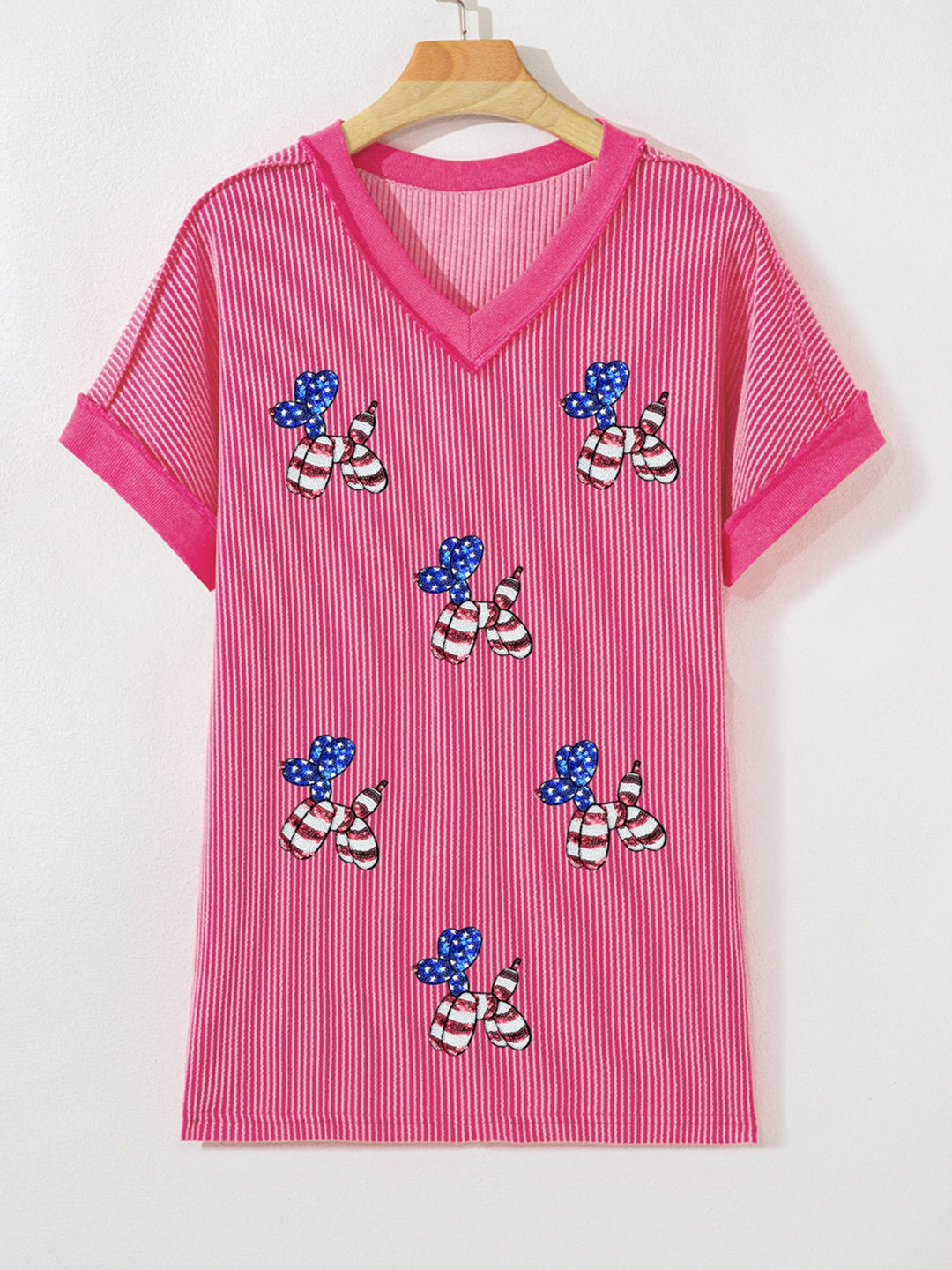 Sequin patriotic balloon dog ribbed v-neck tee