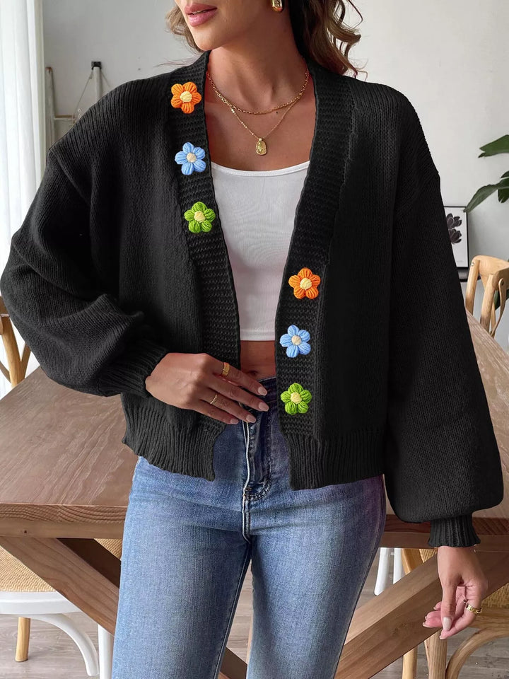 Floral applique open front knit cardigan with ribbed trim