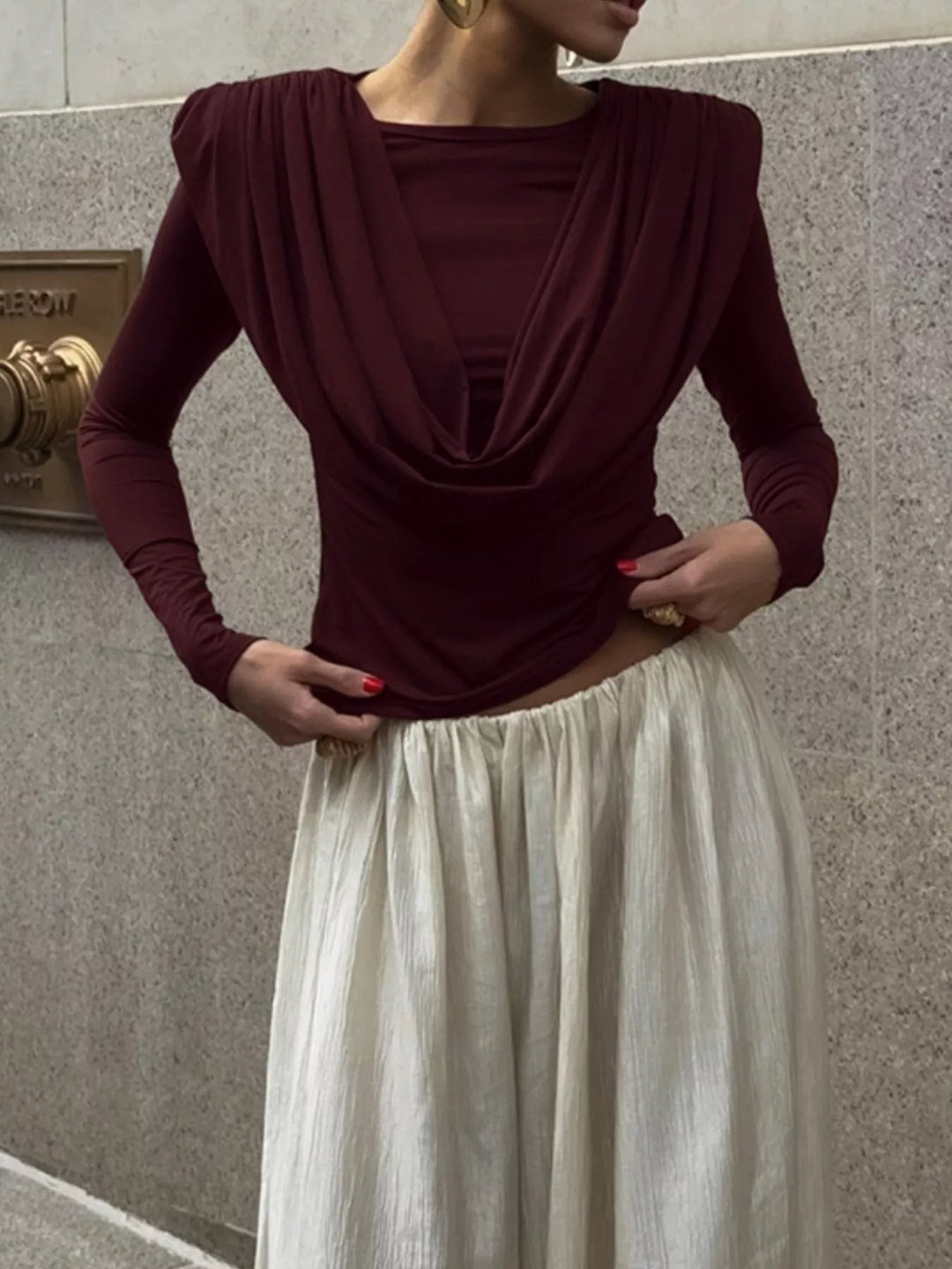 Draped cowl neck long sleeve top with ruched sides
