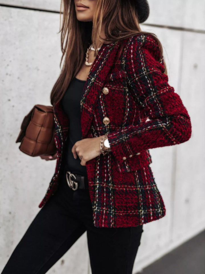 Burgundy Plaid tweed double-breasted blazer with gold buttons - Burgundy