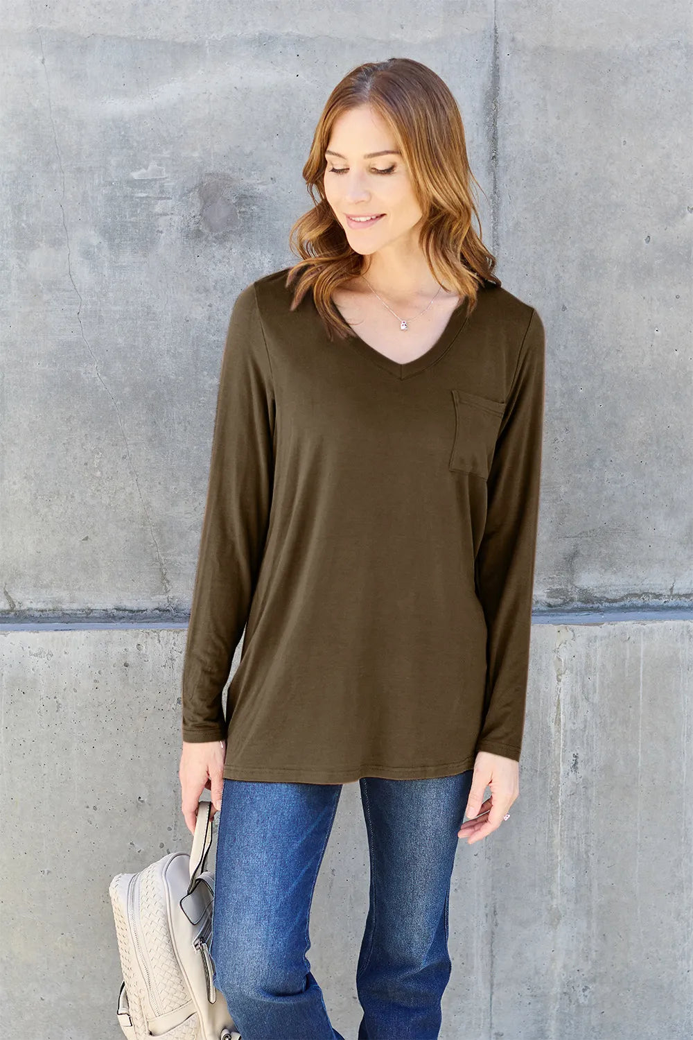 V-neck long sleeve top with chest pocket