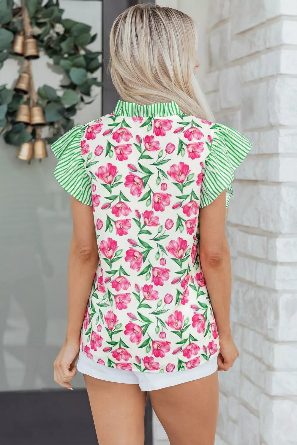 Floral print V-neck blouse with striped ruffle sleeves