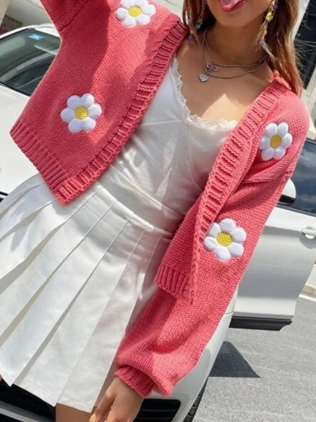 Daisy appliqué open front chunky knit cardigan