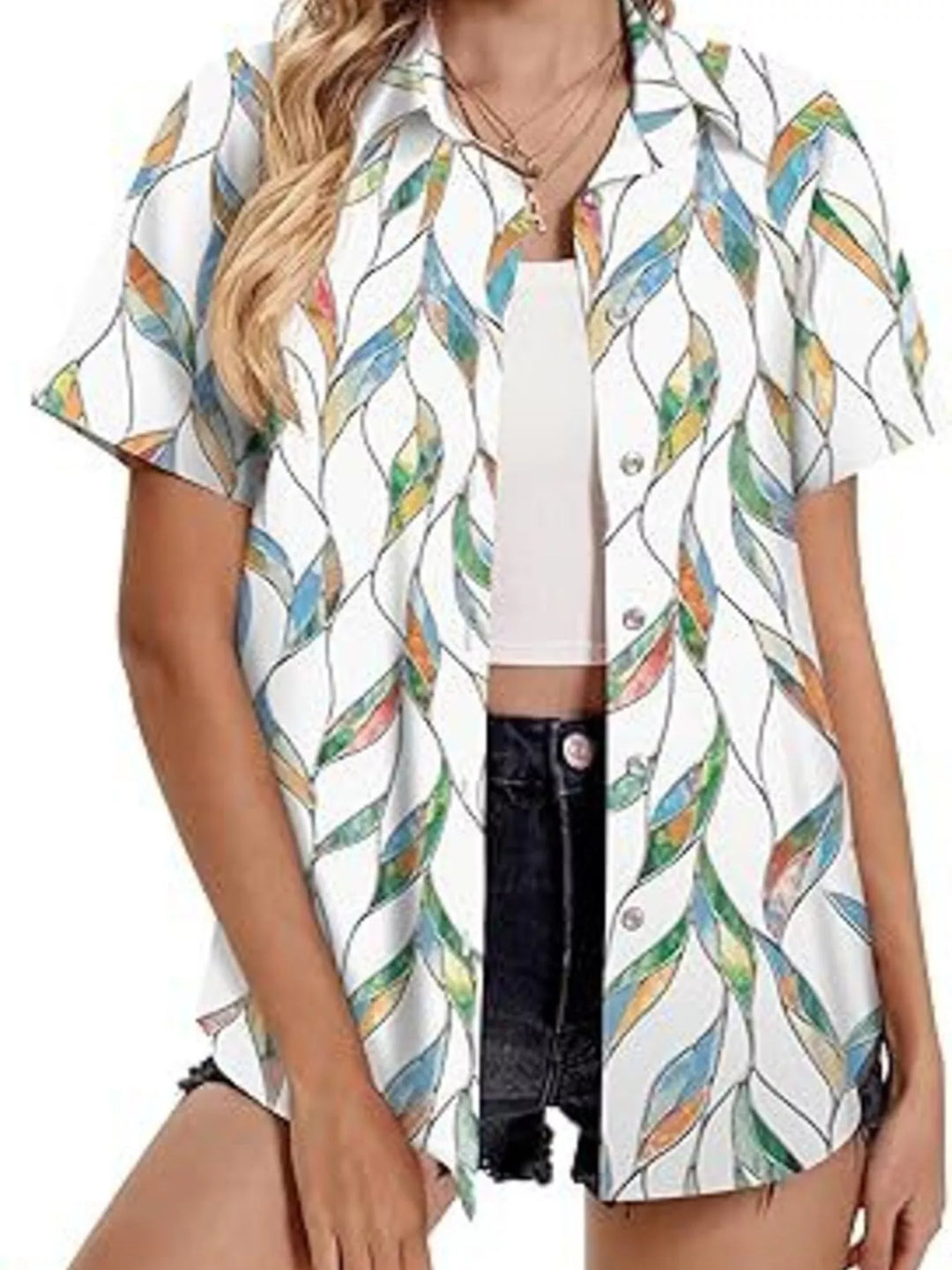 Tropical hibiscus print short sleeve button-up shirt