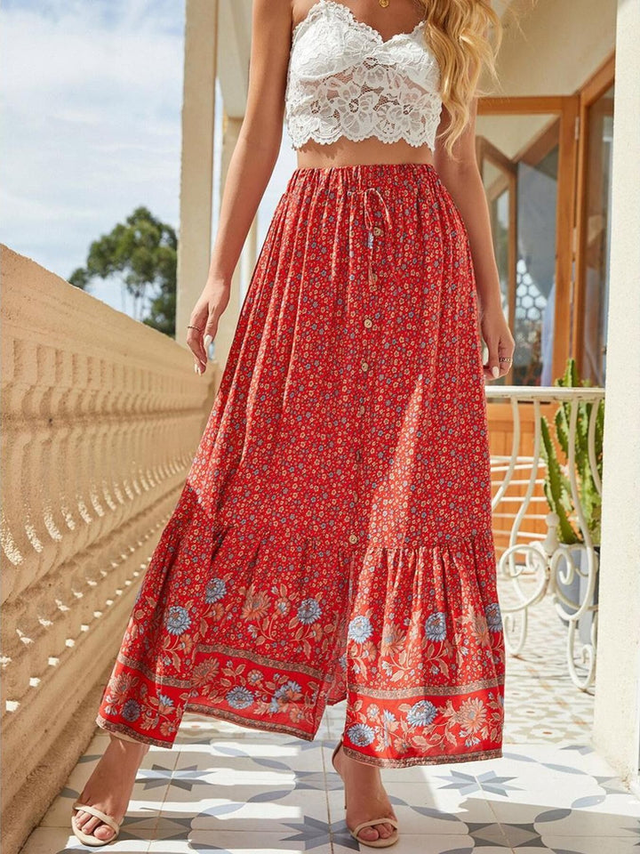 Floral print button-front midi skirt with side slit