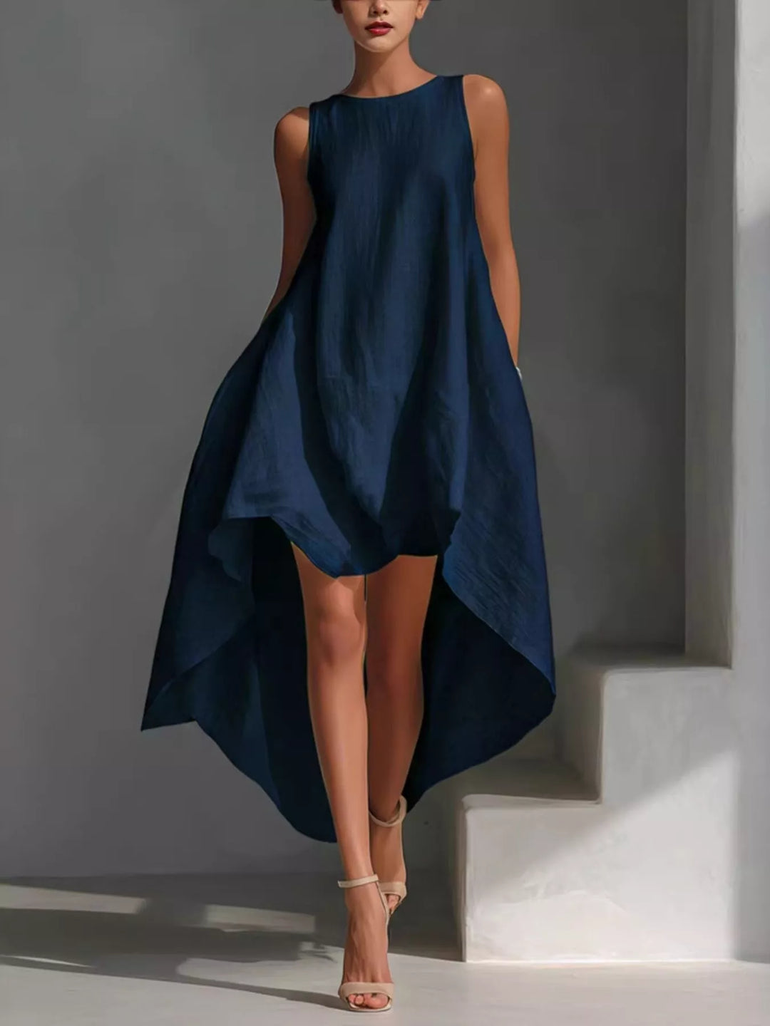 Dark Navy Sleeveless high-low asymmetrical hem dress
