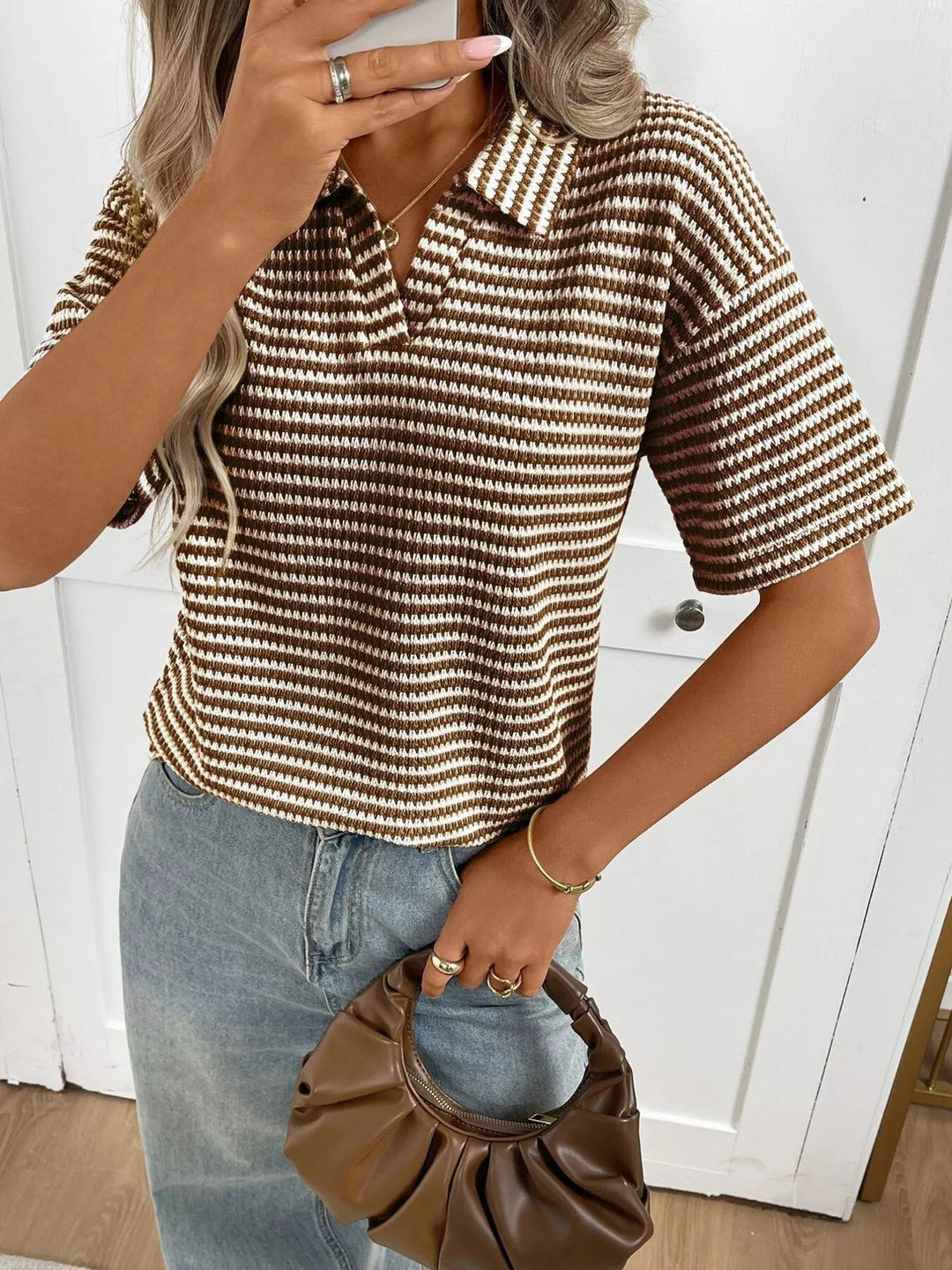 Striped waffle-knit collared short sleeve top
