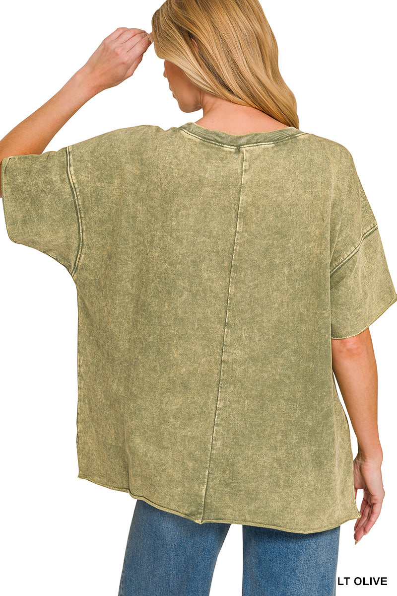 Washed french terry drop-shoulder pocket top