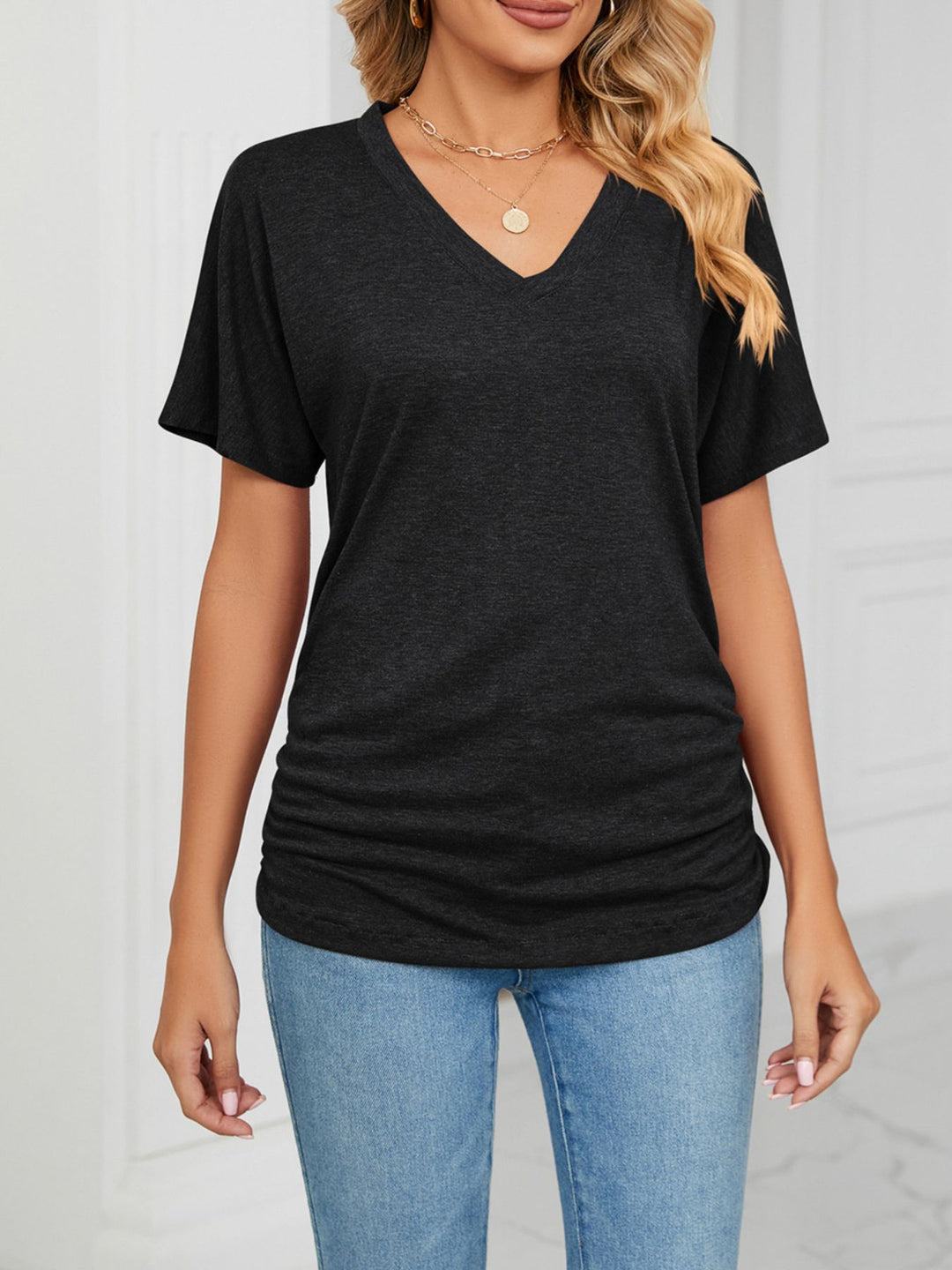 Relaxed V-neck short sleeve tee with drop shoulders