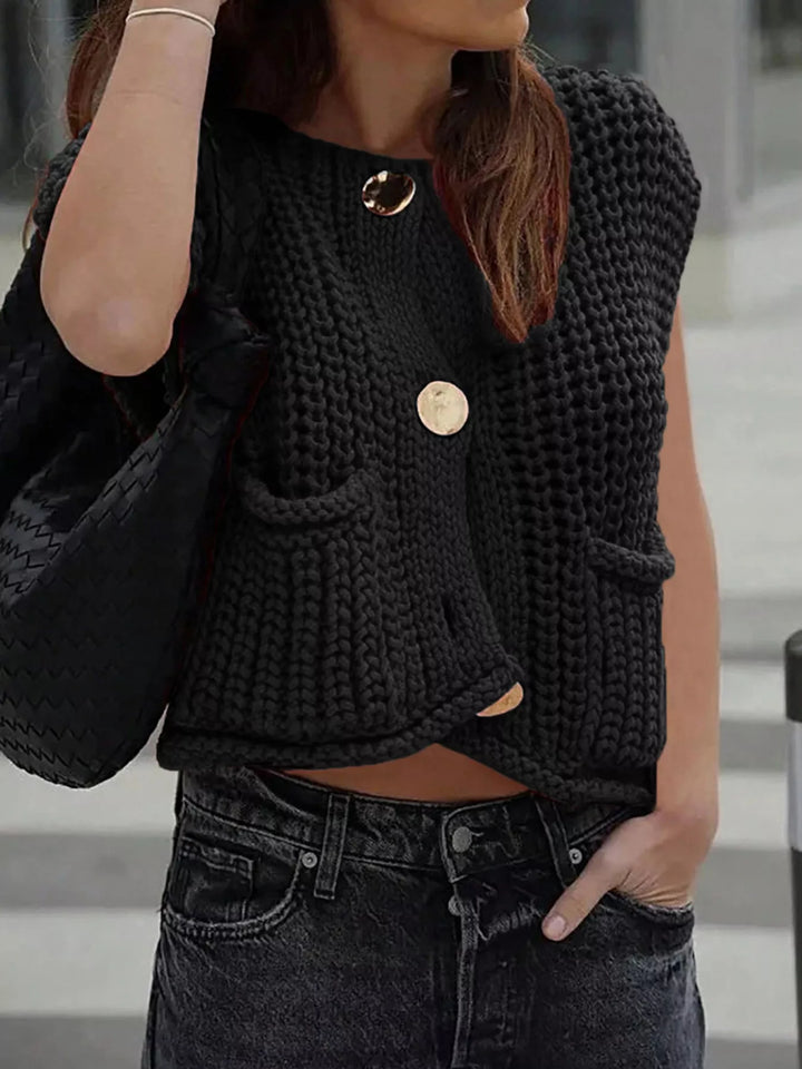 Black Chunky cable knit sweater vest with gold buttons