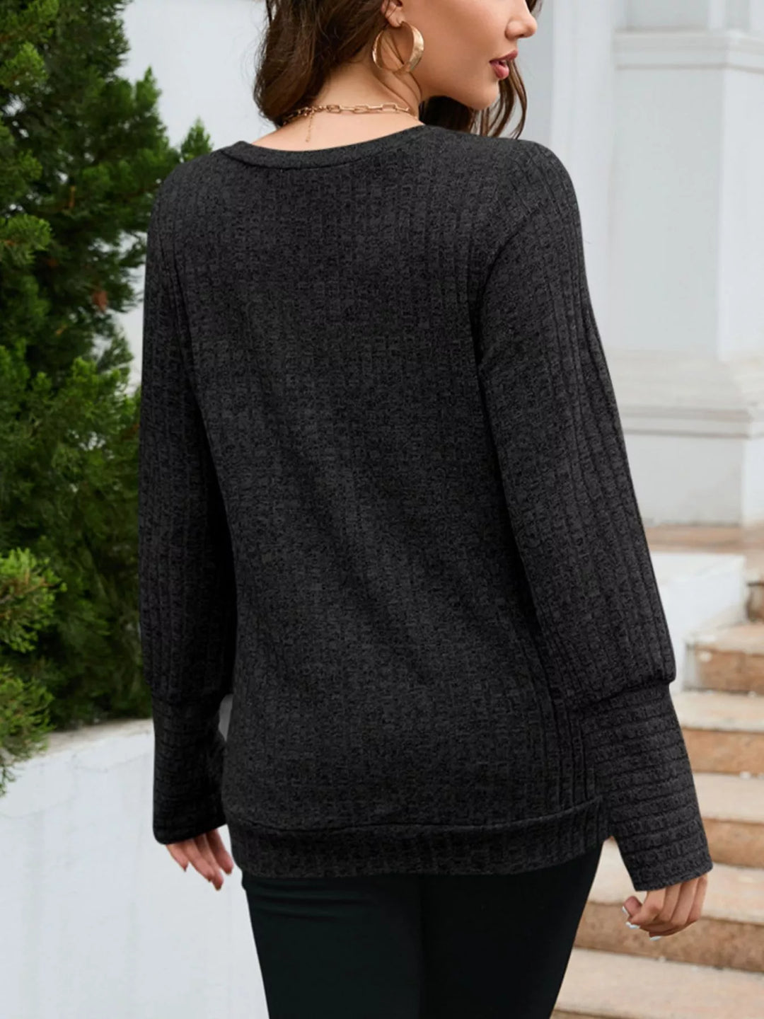 Ribbed knit V-neck long sleeve top with drop shoulders