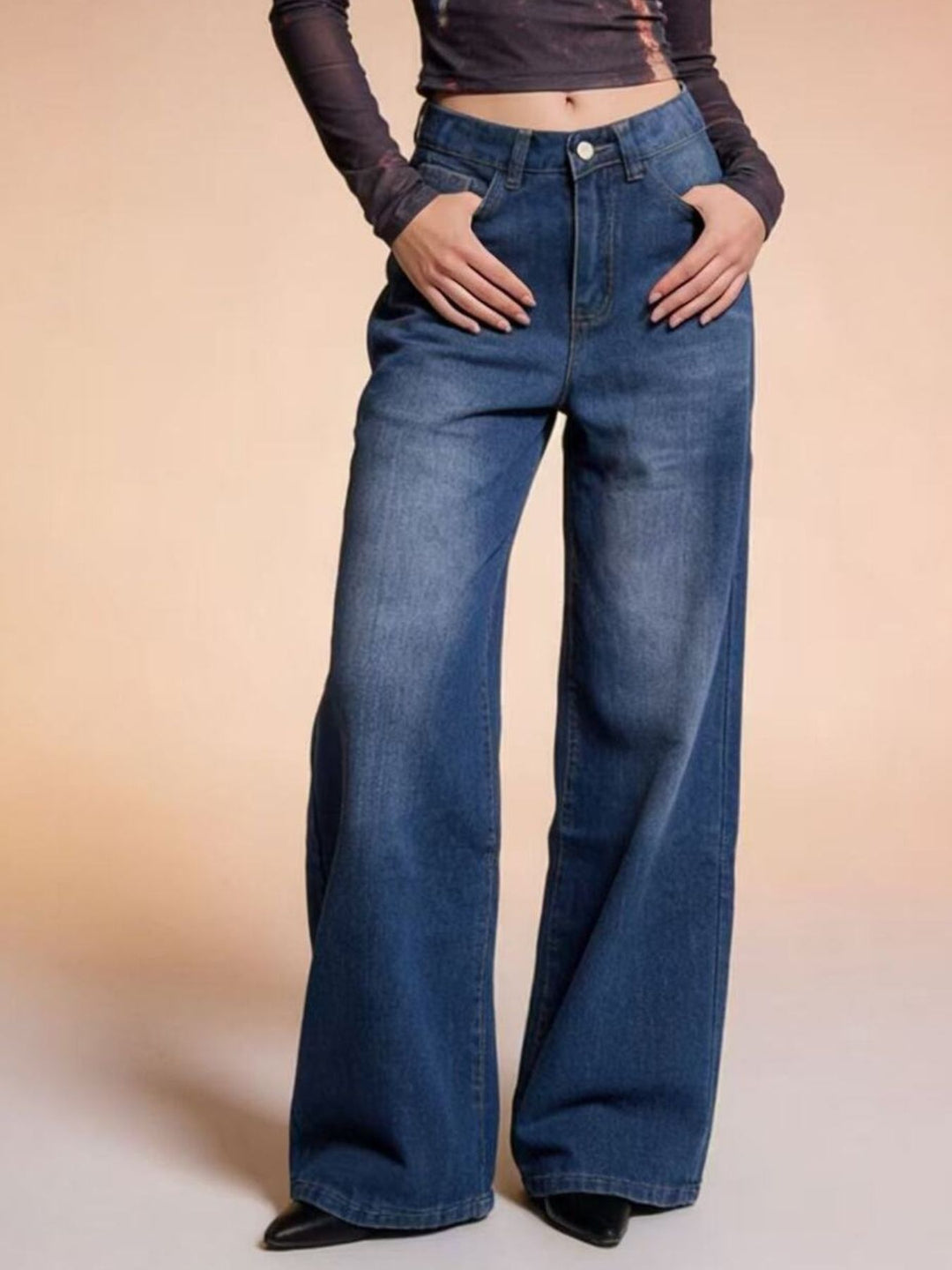 Medium High-rise wide-leg jeans with whiskered fading