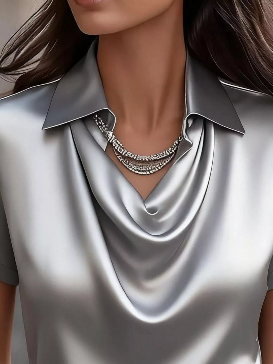 Cowl neck satin blouse with collar and cuffed short sleeves