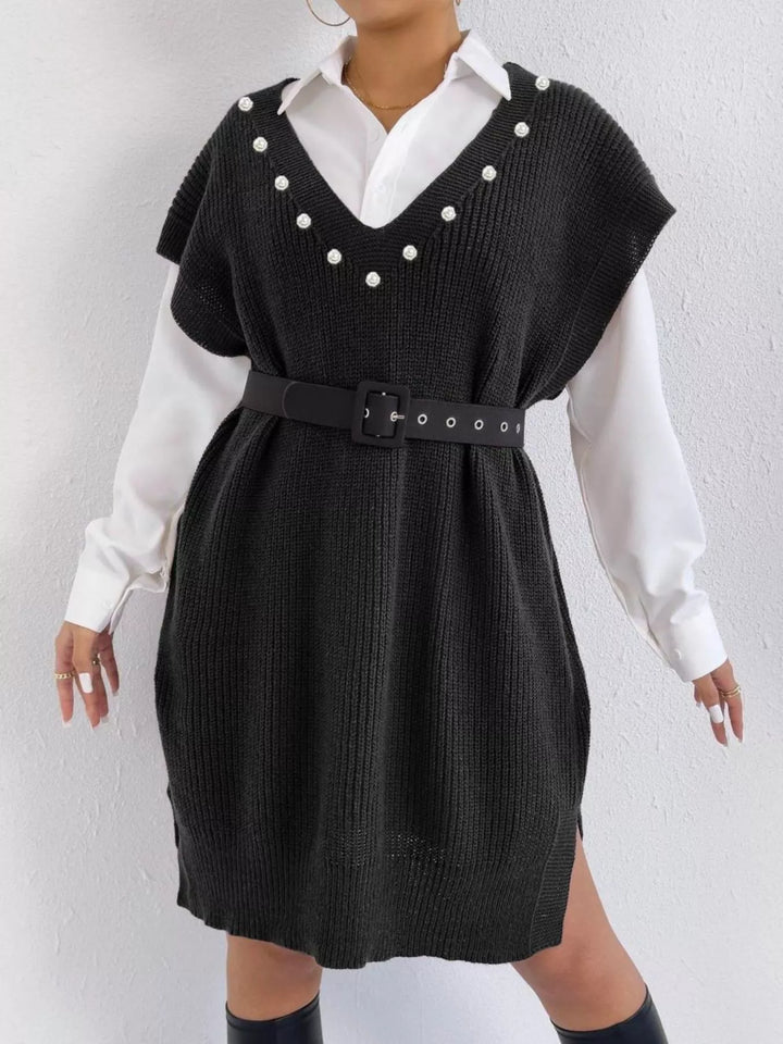 Pearl-trim V-neck ribbed sweater dress with side slits