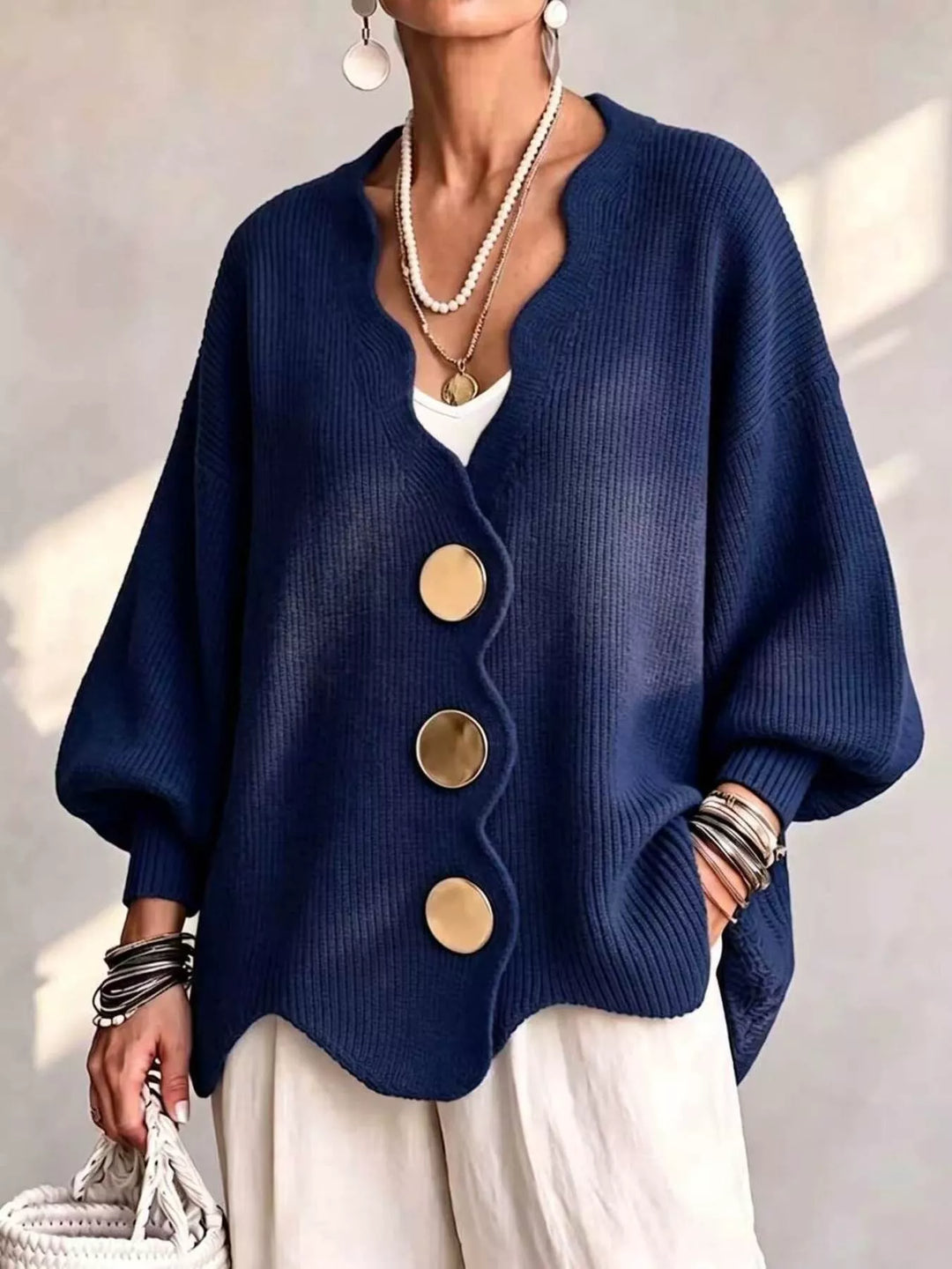 Navy Scalloped-edge ribbed knit oversized button-down cardigan