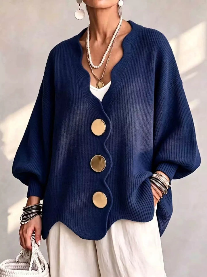Navy Scalloped-edge ribbed knit oversized button-down cardigan