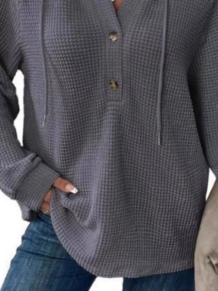 Button-detail waffle knit hoodie with drawstring hood