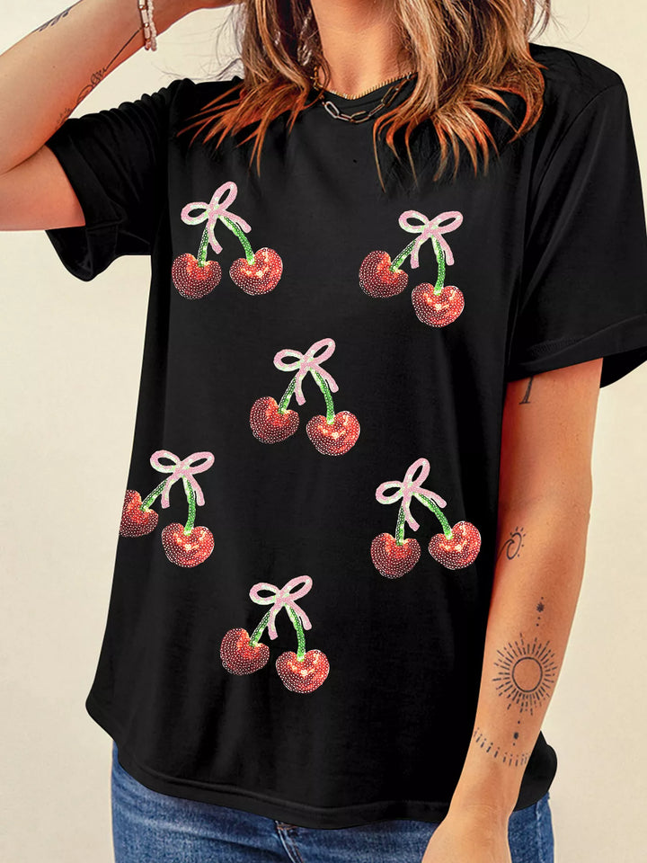 Sequin cherry and bow patch crew neck tee