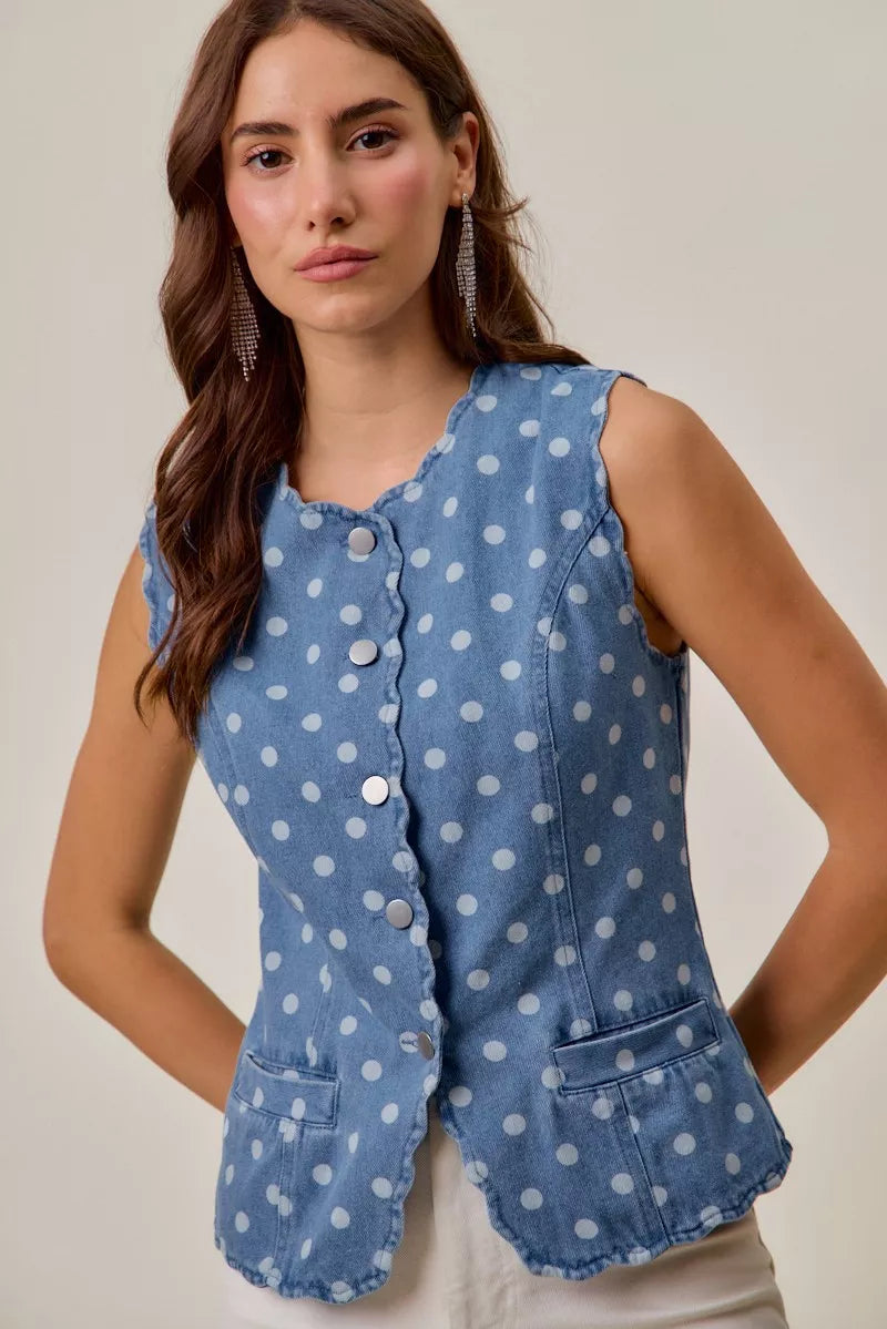 Polka dot denim button-down vest with scallop edge trim