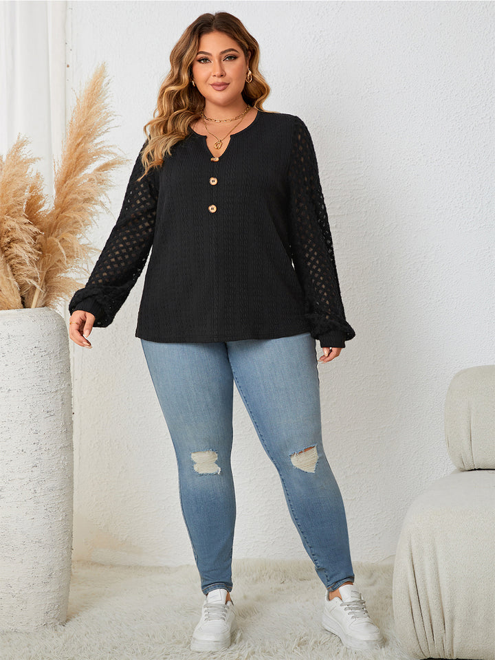 Openwork sleeve notched button-front plus size blouse