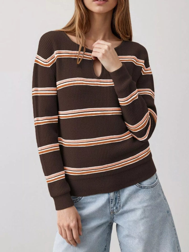 Brown Striped ribbed knit sweater with keyhole neckline