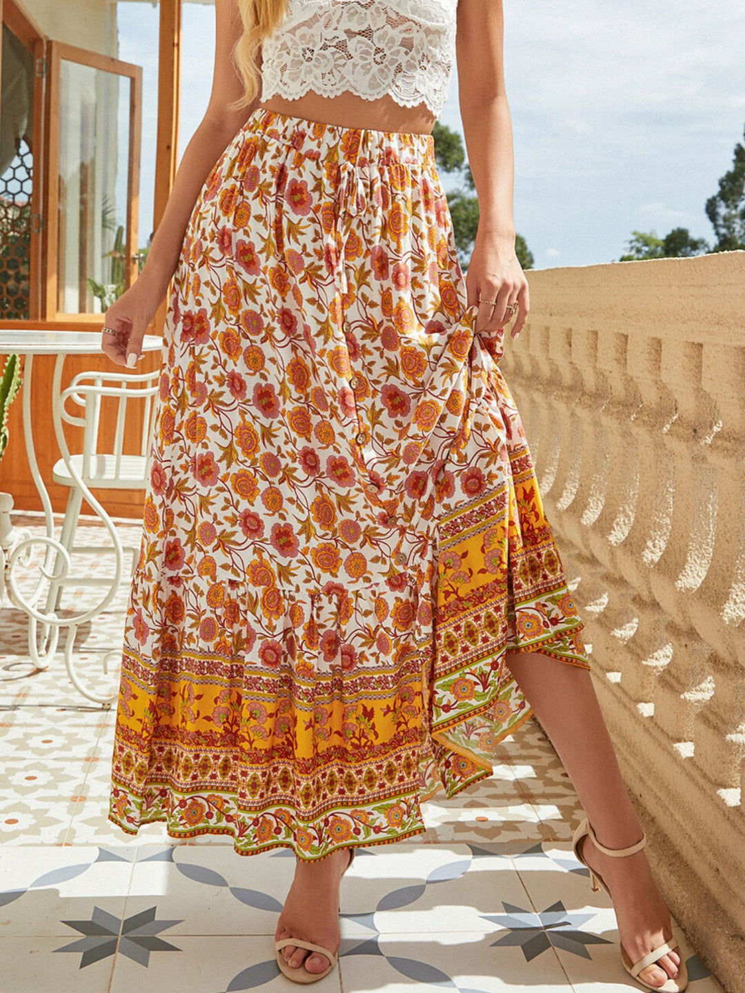 Floral print button-front midi skirt with side slit