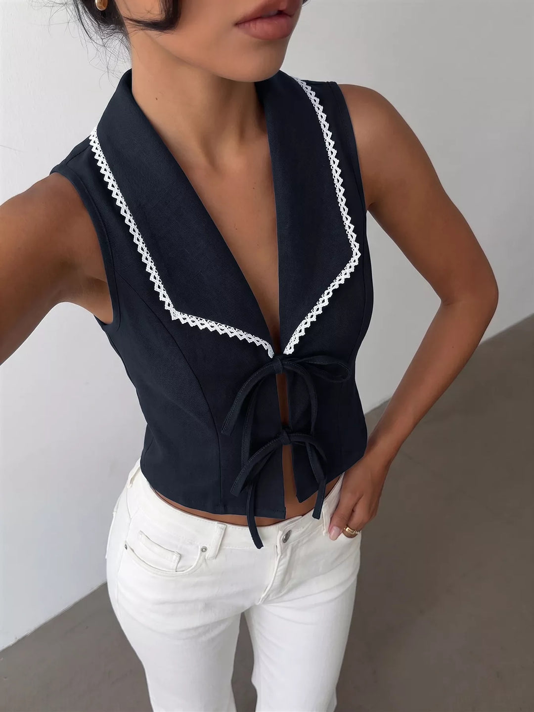 Lace-trim lapel tie-front sleeveless vest top