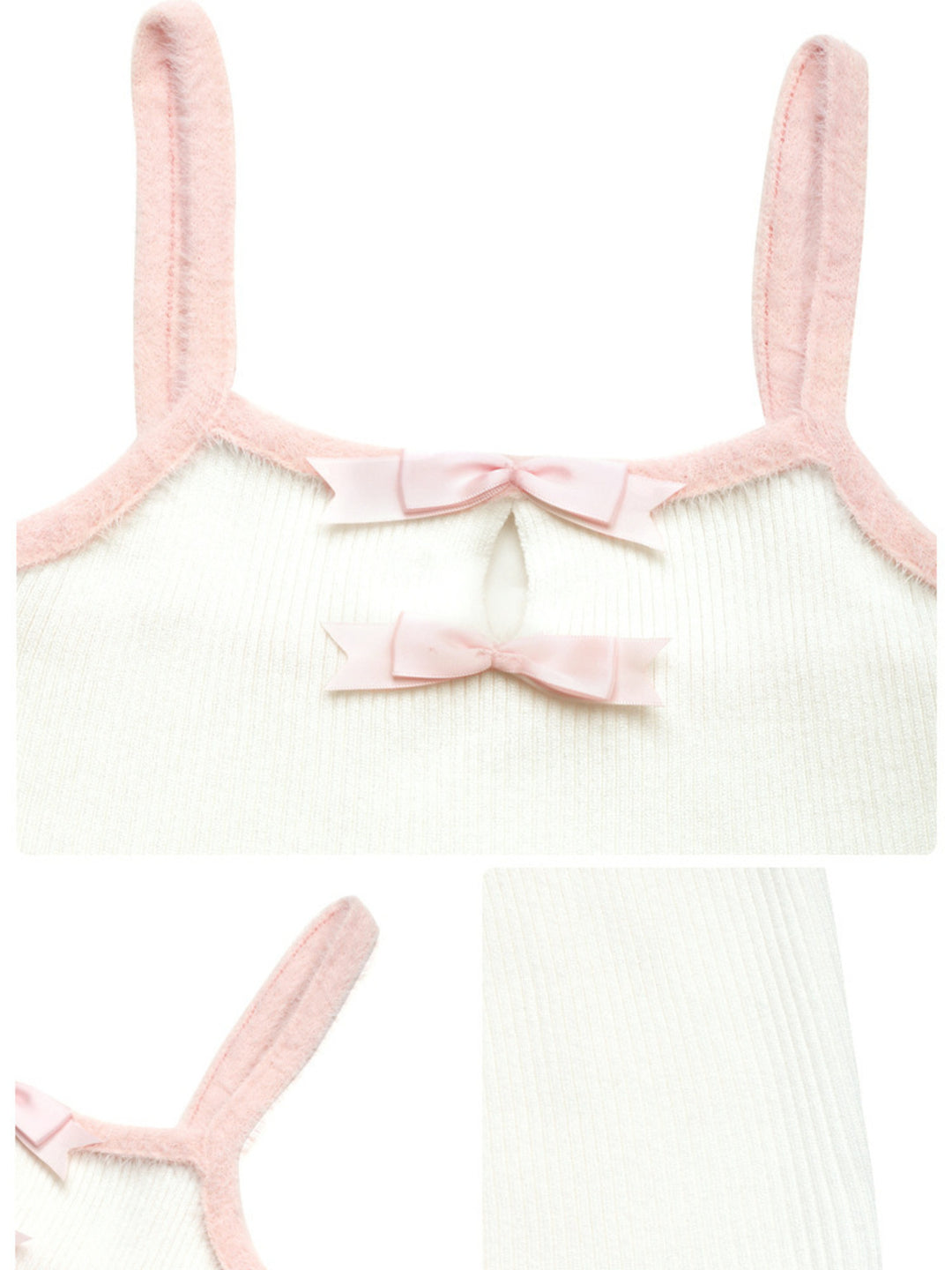 Ribbed knit cami with satin bows and fuzzy trim