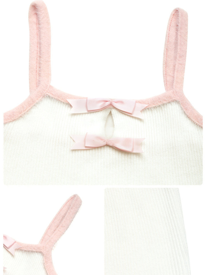 Ribbed knit cami with satin bows and fuzzy trim