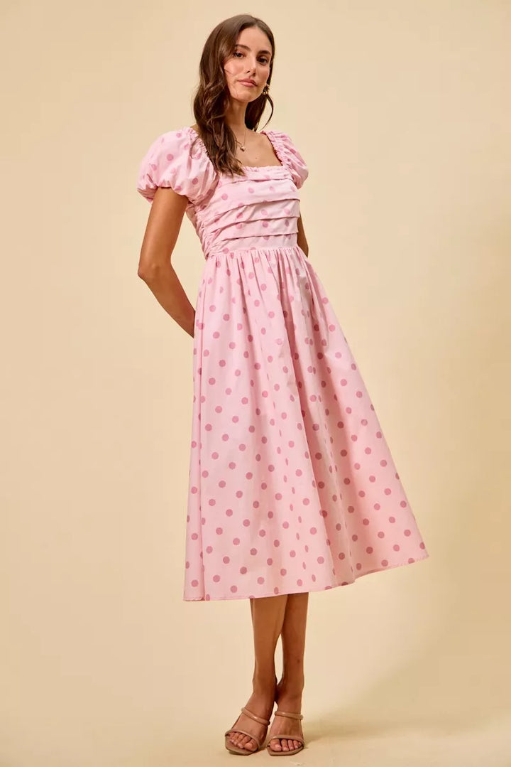 Polka dot puff sleeve midi dress with pleated bodice