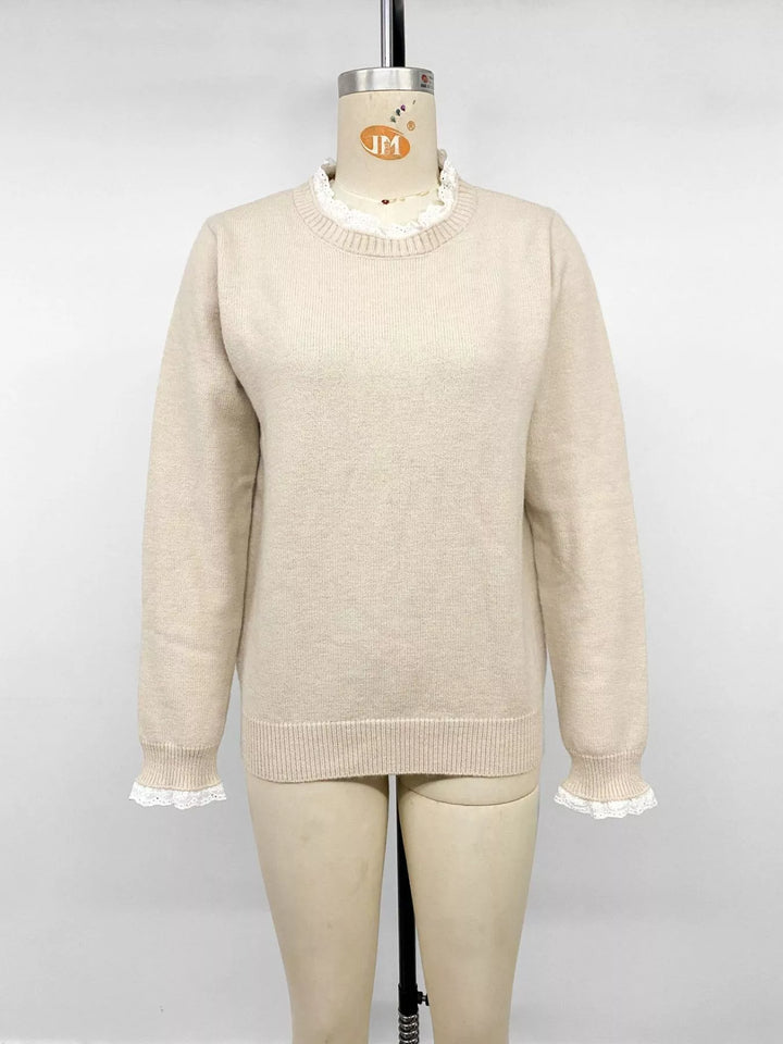 Lace trim crew neck knit sweater with ribbed cuffs
