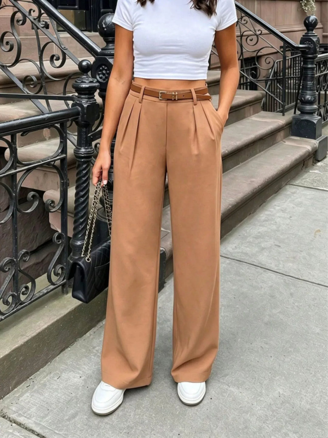 Pleated high-rise wide-leg pants with side pockets