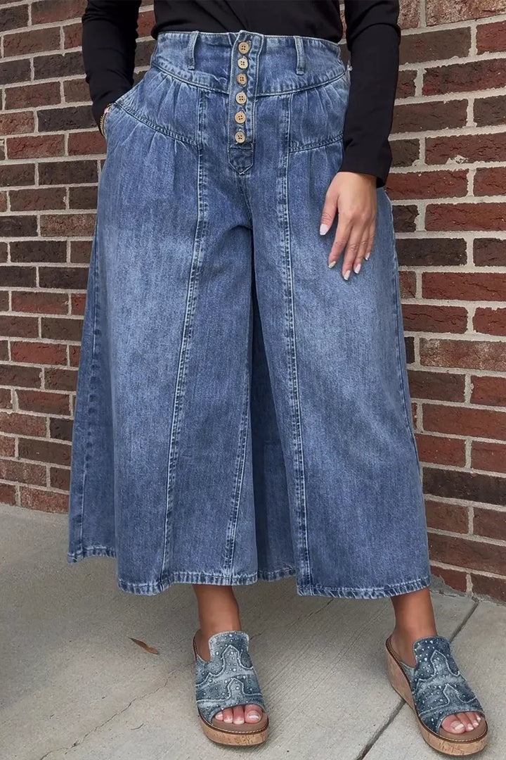 High-rise wide-leg button-fly jeans with pleated waist