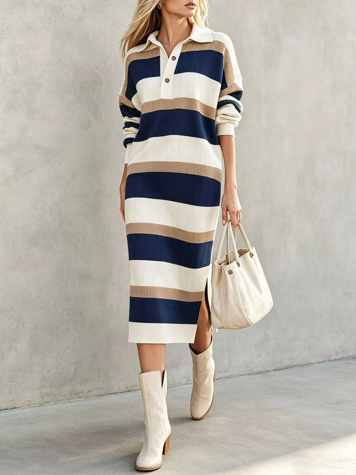 Navy Striped ribbed knit polo collar midi sweater dress