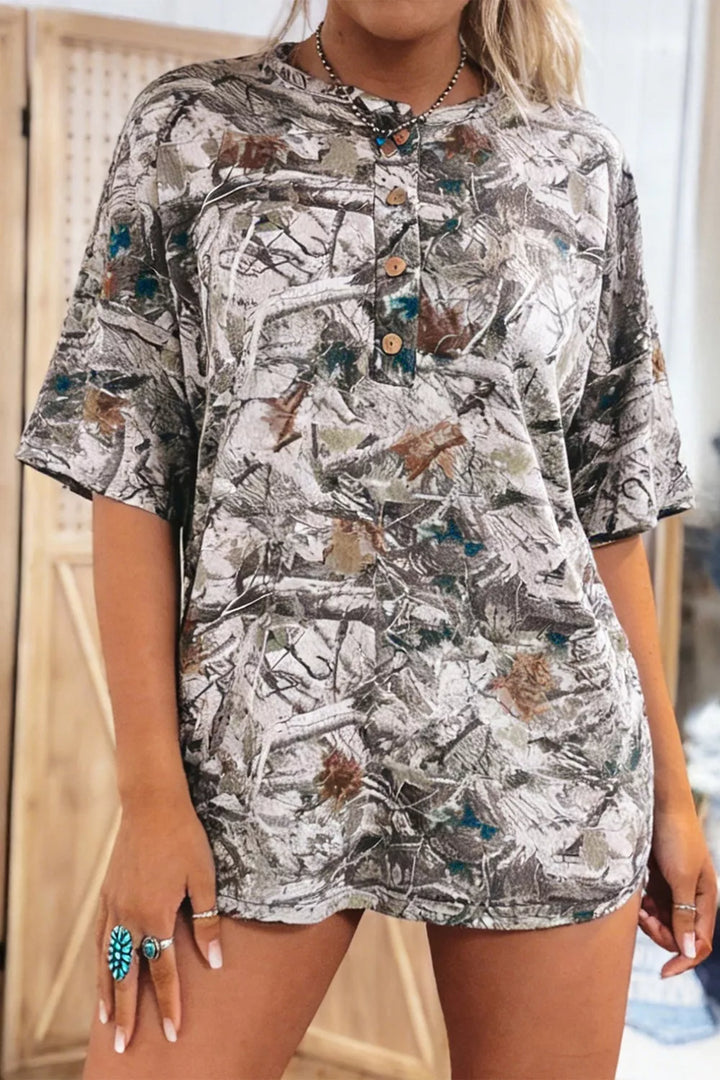 Gray Abstract woodland print henley tunic top with pocket