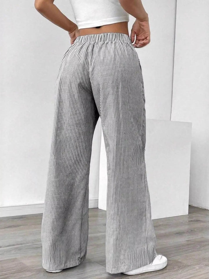 Striped wide-leg pants with drawstring waist and pockets