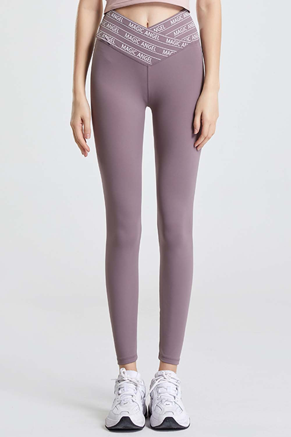 Mauve Slogan tape crossover waist cropped workout leggings