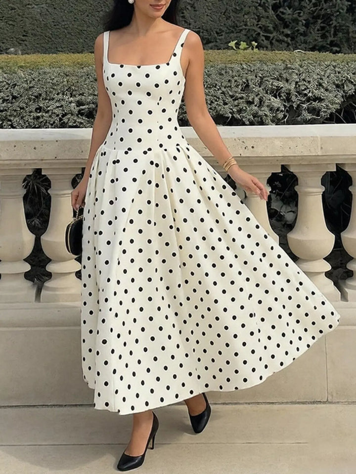Cream Polka dot square neck fit-and-flare maxi dress