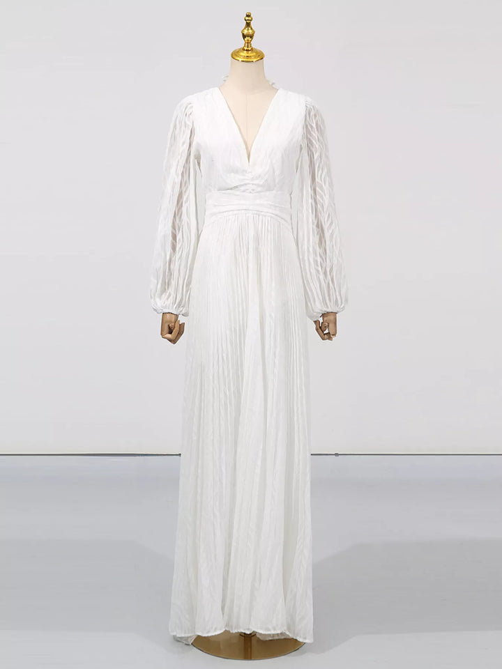 Textured V-neck balloon sleeve maxi dress with twist front