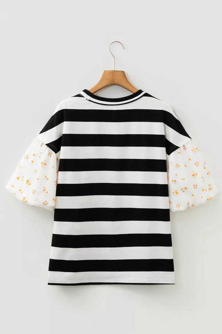 Striped puff sleeve blouse with floral print sleeves