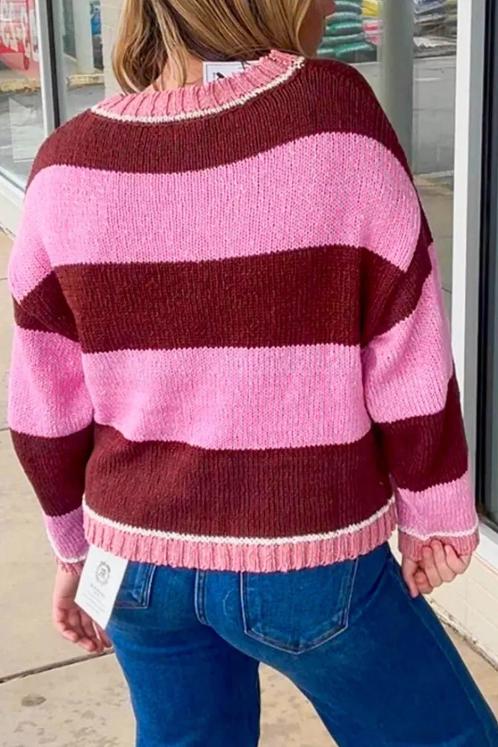 Wide stripe drop shoulder crew neck knit pullover sweater