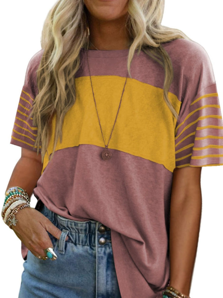 Color block crew neck tee with striped short sleeves
