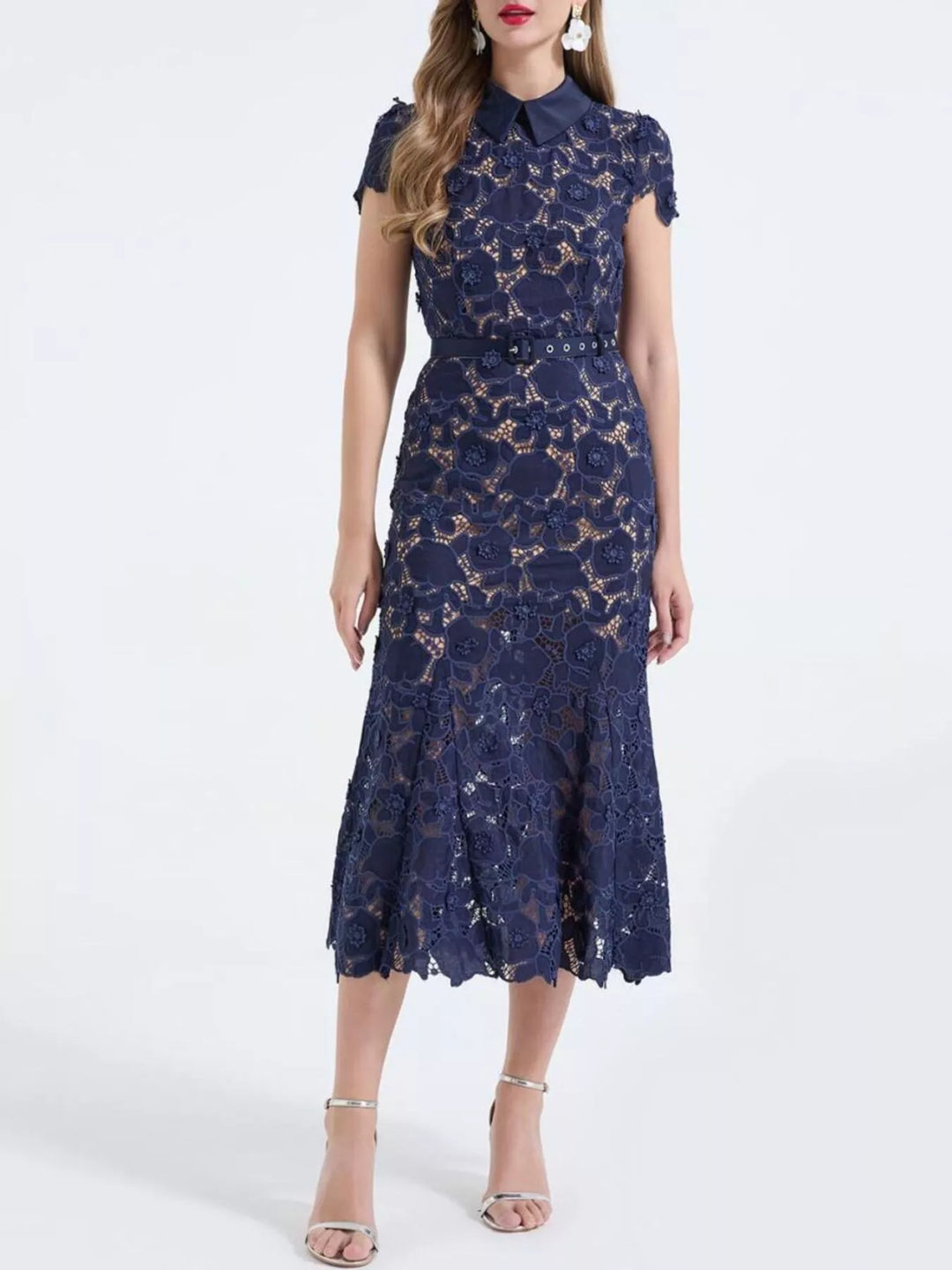Floral lace midi dress with collar and belted waist