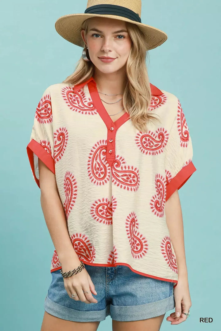 RED Paisley print short sleeve top with contrast trim
