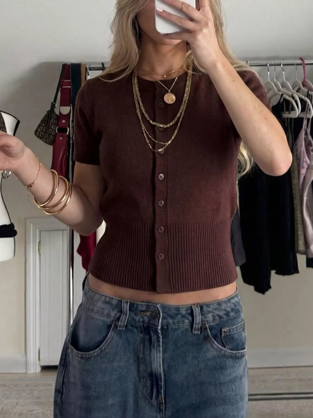 Short sleeve button-front cropped knit cardigan