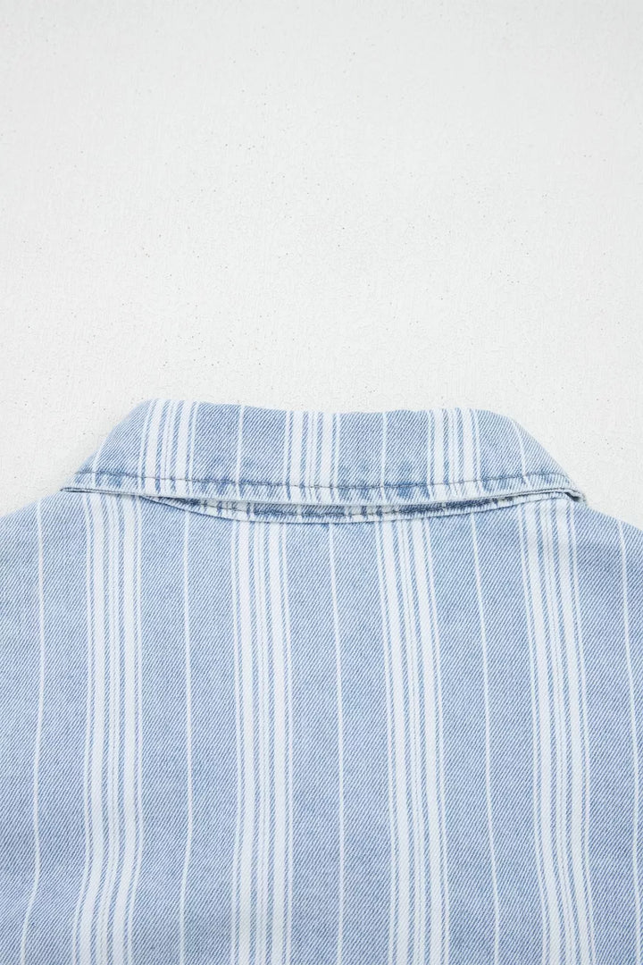 Striped denim shacket with chest pockets and raw hem