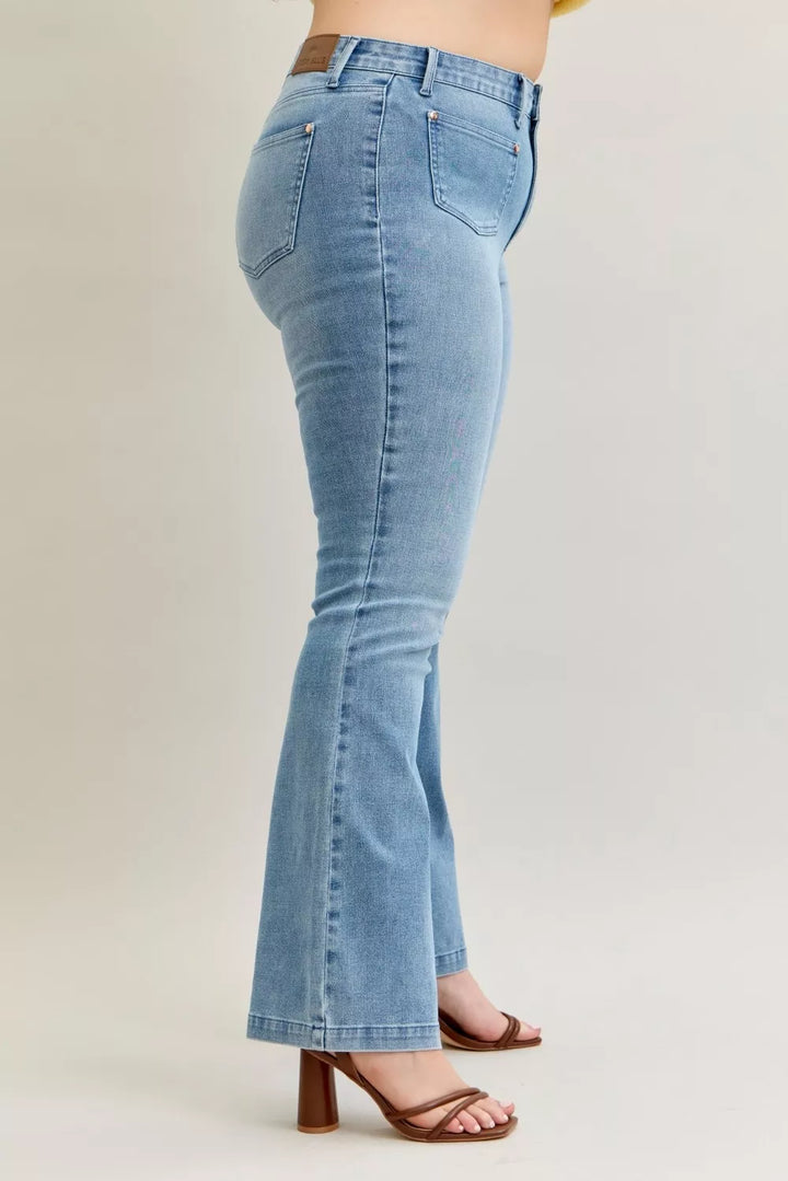 Mid-rise contrast wash bootcut jeans with front patch pockets