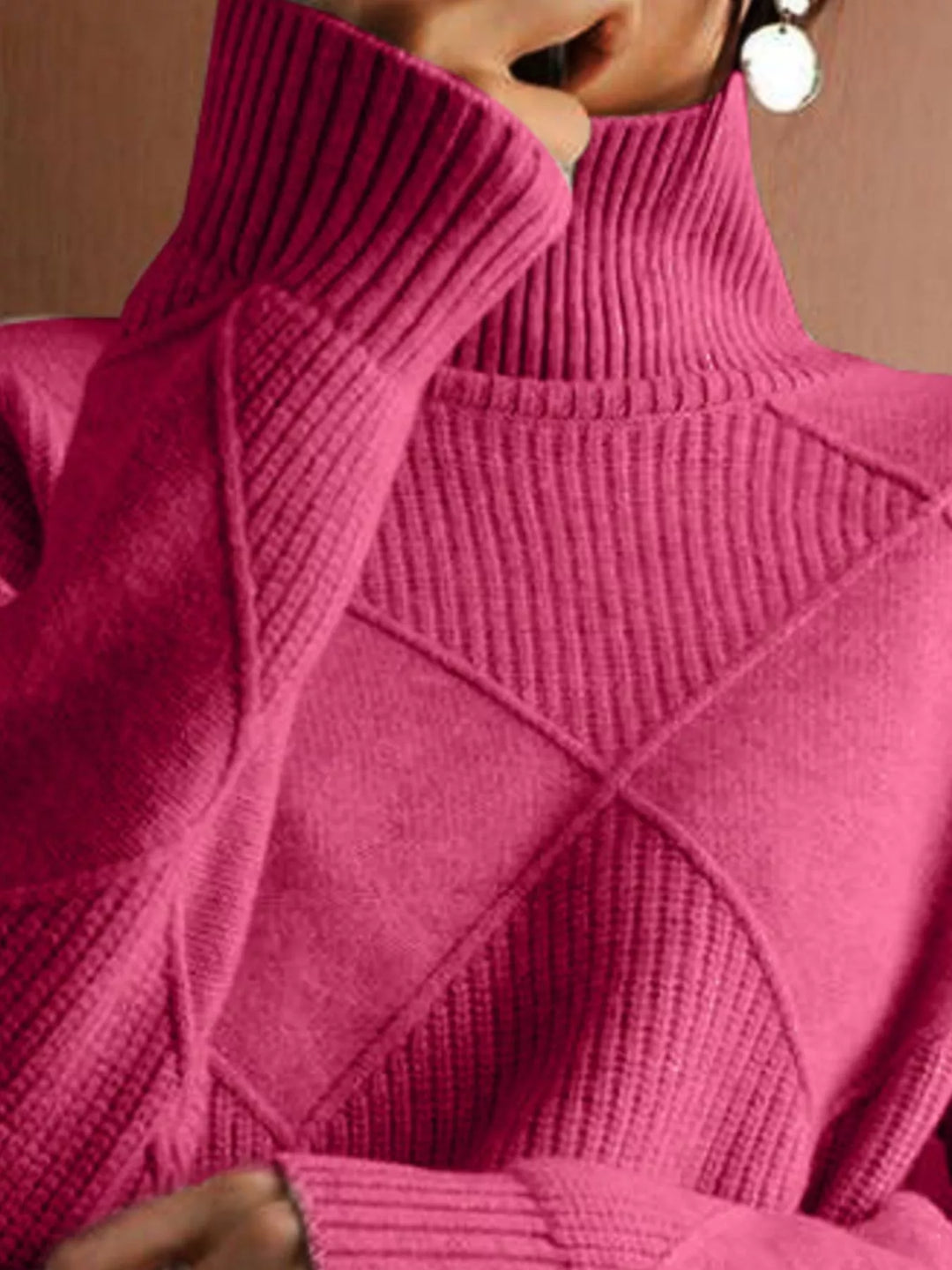 Textured argyle knit turtleneck sweater with ribbed cuffs
