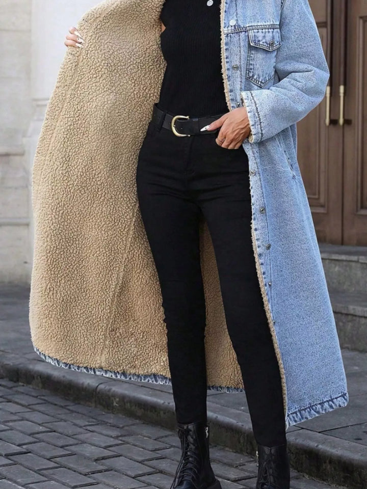 Sherpa-lined longline button-front denim jacket
